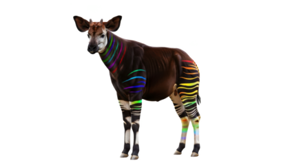 A standing okapi with rainbow stripes on its body and legs against a black background in a studio shot