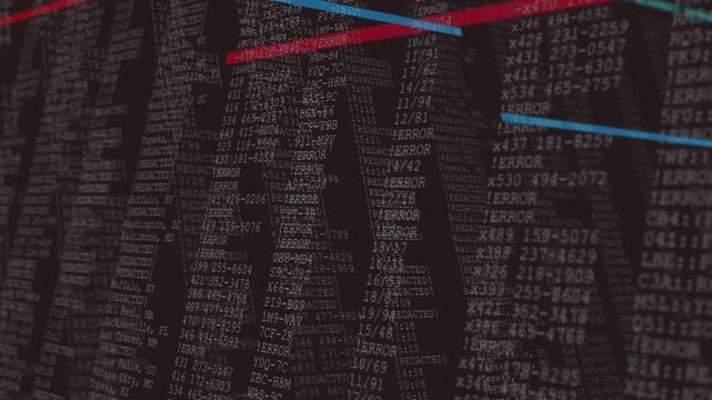 Fading near-black frame, error code columns emerging as red, blue bars scanning to highlight errors