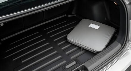 Overhead shot of a car trunk mockup with a gray insulated bag, showcasing ample storage space in neutral tones against a dark
