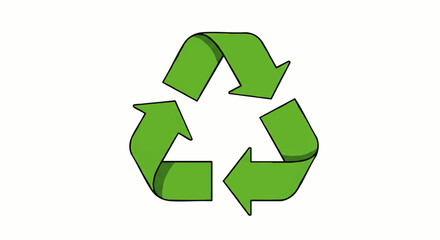 Obraz premium Hand-drawn green recycling symbol with three chasing arrows. Illustrated eco-friendly icon with black outlines and simple shading.