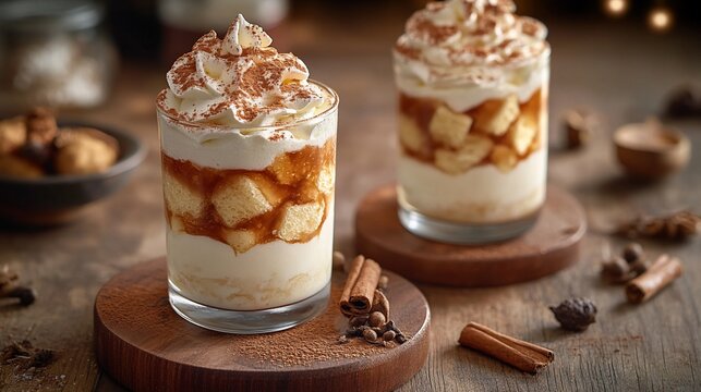 Two layered dessert glasses filled with creamy custard, sponge cake, and topped with whipped cream dusted with cinnamon