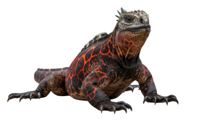 A marine iguana with red and black markings standing on a black background looking at the camera