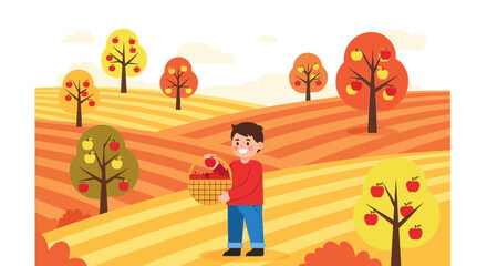 Illustration of a Boy Harvesting Apples in an Orchard in Autumn Landscape