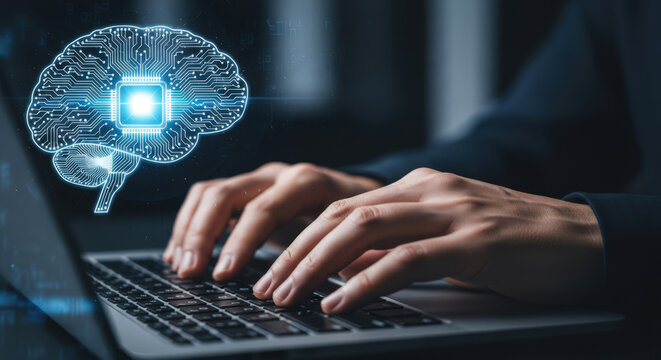 Artificial Intelligence in Action Hands Typing on a Laptop with a Digital Brain Overlay Representing AI Technology and Machine Learning for Automation and Innovation