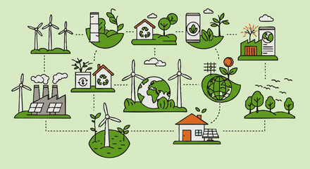Hand-drawn infographic of a sustainable ecosystem with renewable energy, recycling, and green industry icons connected by a network.