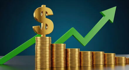 Financial Growth and Investment Success: A Visual Representation of Increasing Wealth with a Dollar Sign on Gold Coins and an Upward Trending Green Arrow