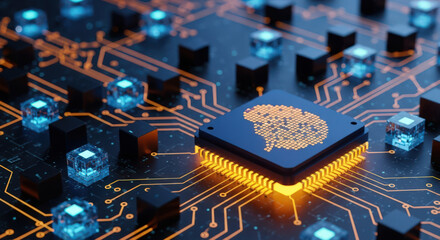 Quantum Computing Network: A Complex Interconnection of Cubes and a Microchip with Glowing Circuits, Representing Advanced Technology and Data Processing