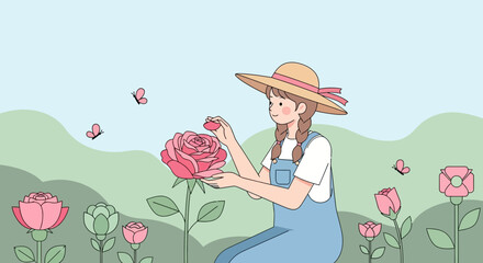 Illustration of a girl with a hat, tending roses in a tranquil and colorful garden setting