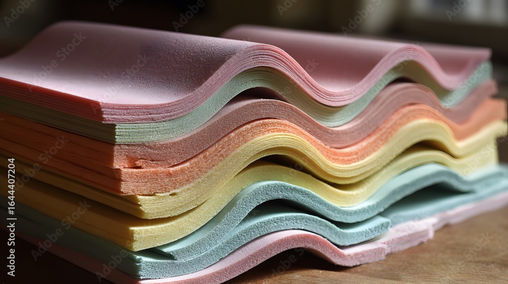 Poster multicolored foam sheets stacked in layers.