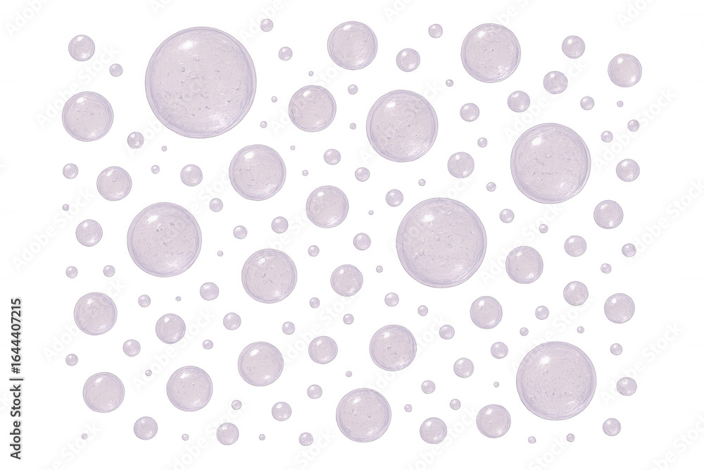 Poster multiple realistic soap bubbles of various sizes floating on a transparent background, creating a cl