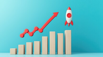 An illust n depicting the growth and success of a business or startup represented by a rising chart and a launching rocket conveying the concepts of progress development and achievement