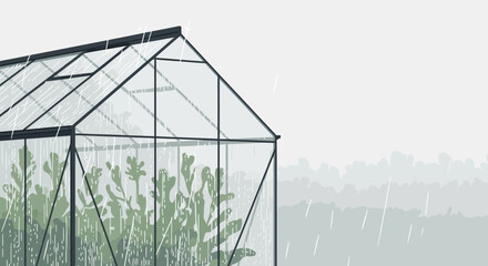 Illustration of a greenhouse in the rain with lush green plants inside offering a tranquil rainy day scene