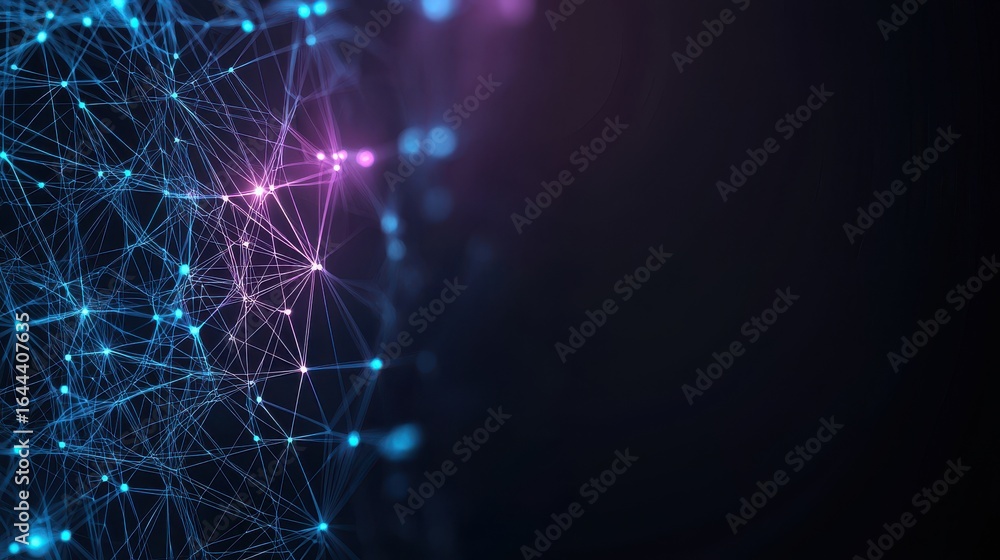 Poster abstract futuristic digital network with luminous interconnected nodes data streams and a dark compl