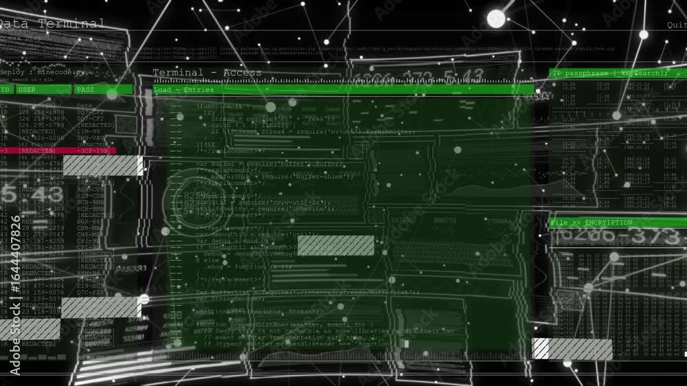 Poster floating nodes, fading green terminal, animating bars and scrolling code, visualizing data access