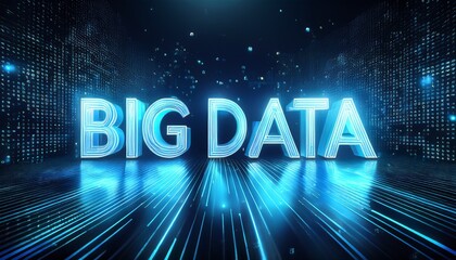 glowing blue big data text on dark digital background