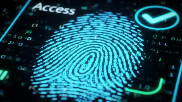 Digital fingerprint with checkmark and binary code displayed on a dark computer screen background