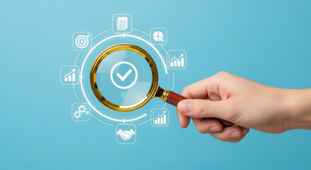 Comprehensive Business Solutions and Verification Depicted Through Magnifying Glass Highlighting Checkmark Icon Surrounded by Various Business Symbols on Blue
