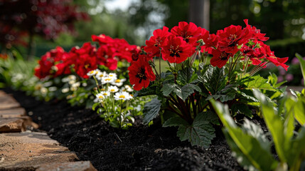 Vibrant red flowers bloom alongside cheerful white daisies in well maintained garden bed, showcasing beautiful contrast against rich black soil. lush greenery enhances serene outdoor atmosphere