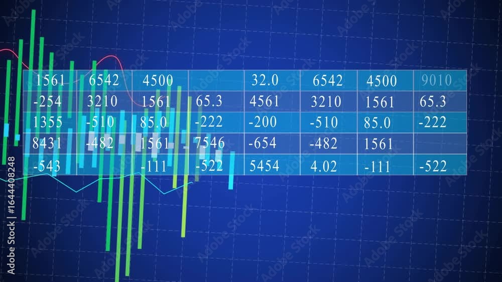 Poster on load, data table projecting over blue grid, histogram bars rising, trend lines visualizing data
