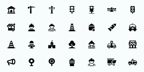 Civil Engineering & Urban Planning Line Art Vector Icons — Infrastructure, Environmental Engineering, Road Networks, Public Utilities, and City Development Symbols

