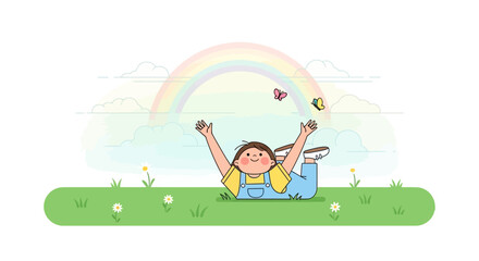 Naklejka premium Illustration of a joyful child lying in grass under a rainbow with butterflies happy to feel good