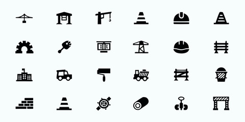 Structural Engineering & Construction Line Art Vector Icons — Bridges, Cranes, Blueprints, Safety Gear, Surveying, and Infrastructure Symbols

