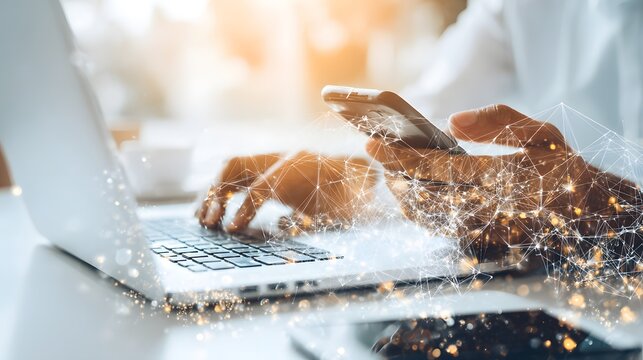 Person using a laptop and phone, with network overlay.