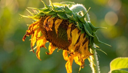 Obraz premium 萎れ始めたひまわりの花びらが、温かく柔らかな夕陽の光に包まれています。マットグリーンの背景が花の繊細な質感を引き立て、儚くも美しい自然の一瞬を捉えています。細部に焦点を当てたマクロショットです。