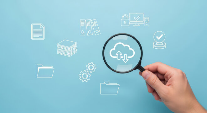 Data Management and Cloud Computing A Conceptual Image of a Magnifying Glass Focusing on Cloud Storage and Data Icons Representing Information Analysis and Security