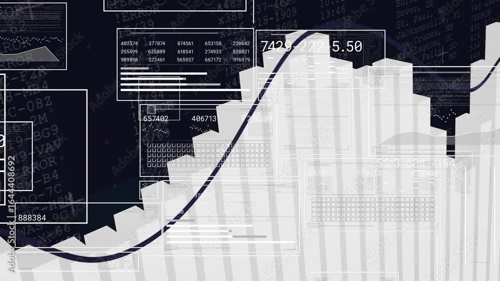 Poster opening dark canvas bars rising left while line trace mapping data trends and panels showing gauge
