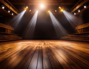 empty stage with wooden backdrop and bright spotlights creating dramatic atmosphere