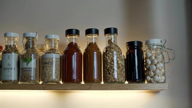 Seasoning spice bottles on shelves Bottled condiments Still life close-up
