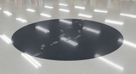 Overhead flat lay mockup of footprints on a dark gray oval surface, minimalist design, clean white background, conveying a calm