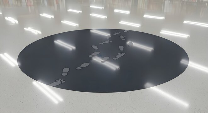 Overhead flat lay mockup of footprints on a dark gray oval surface, minimalist design, clean white background, conveying a calm