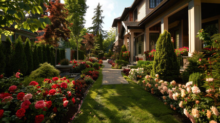 Naklejka premium Beautiful garden pathway lined with vibrant flowers and lush greenery creates serene atmosphere. well maintained landscape features colorful roses and neatly trimmed hedges, inviting relaxation