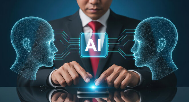 Artificial Intelligence and Human Interaction A Conceptual Image of AI Connecting Two Human Profiles Representing Technological Advancement and Communication