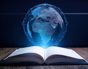 open book with a rotating digital globe