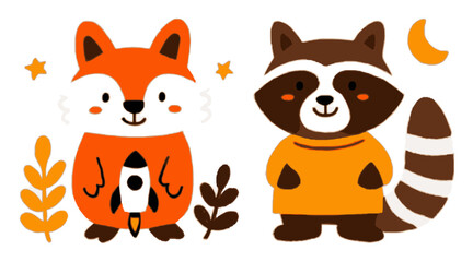 Fototapeta premium Cute Cartoon Fox and Raccoon Characters with Nature Elements