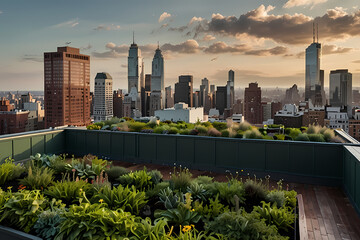 Fototapeta premium A lush green rooftop garden on top of a city building