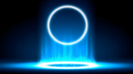 Illuminated circle backdrop with blue light effects.