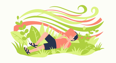 Illustration of a child reading a book outdoors in a field with stylized grass and leaves