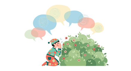 Obraz premium Illustration of a child whispering secrets behind a bush with speech bubbles above representing communication
