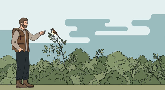Illustration of a man pointing at a bird in a forest setting, highlighting wildlife observation and outdoor activities for nature enthusiasts