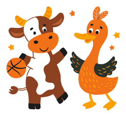Fototapeta premium Playful Cartoon Cow and Duck Characters with Basketball Theme Design