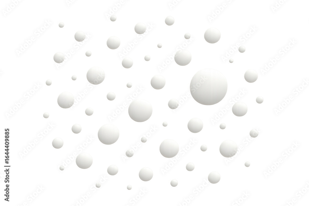 Poster white spheres of varying sizes floating against a transparent background, creating an abstract and m