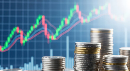 Illustrating Investment Returns Stacks of Coins in the Foreground with a Blurred Stock Market Chart in the Background Representing Financial Gains and Growth