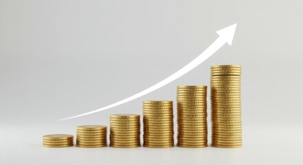 Stacks of golden coins with upward arrow, white background.