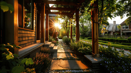 Beautiful pathway lined with lush greenery and blooming flowers leads to charming house, illuminated by warm glow of setting sun. scene evokes sense of tranquility and natural beauty