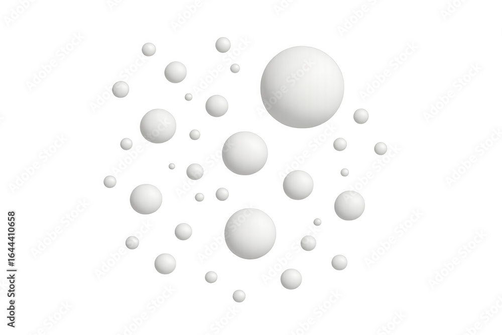 Poster cluster of white spheres of varying sizes floating against a transparent background, creating a dyna