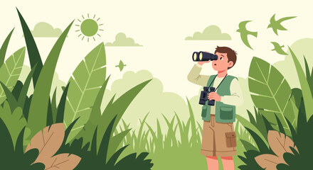 Illustration of a nature explorer using binoculars amidst lush greenery and birds flying